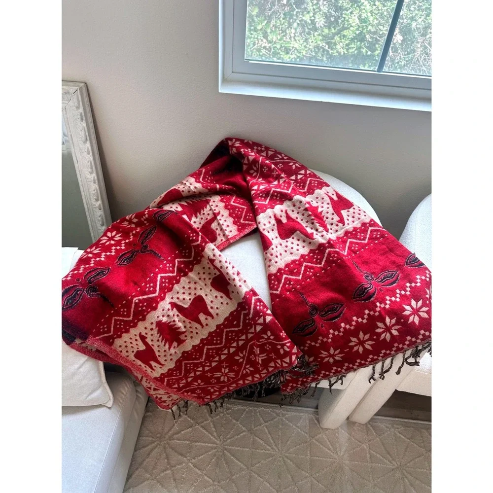 Boho Red Alpaca Print Knit Oversized Shawl Wrap Fringe Trim Festive Reversible